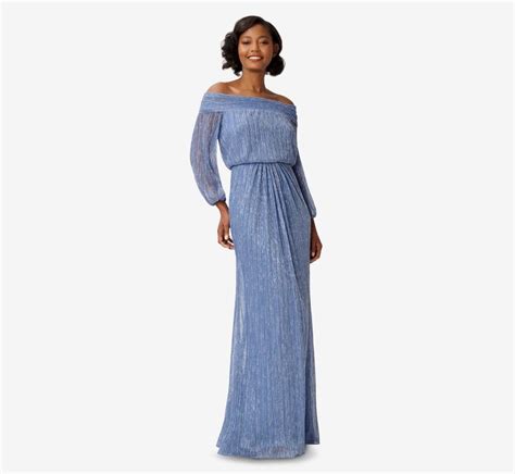 Metallic Crinkled Mesh Off The Shoulder Long Blouson Gown In Dusty Blue