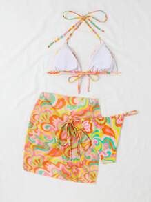 Allover Print Halter Triangle Bikini Swimsuit With Beach Skirt SHEIN USA