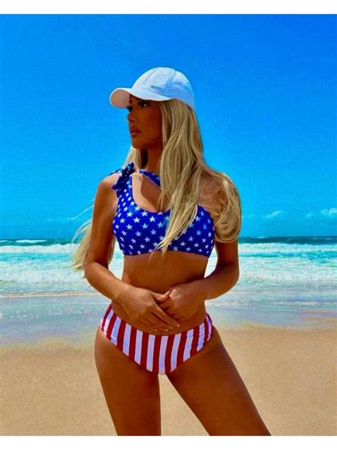 USA Flag Print One Shoulder Tie Hollow Out High Waist Bikini Set WalkOnBeach