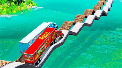 Mack Truck Vs King Dinoco Truck Vs Impossible Wave And Log Wave Bridge