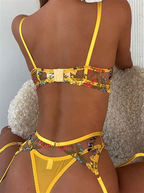 Floral Embroidered Sexy Lingerie Set Msl Yellow S Artofit