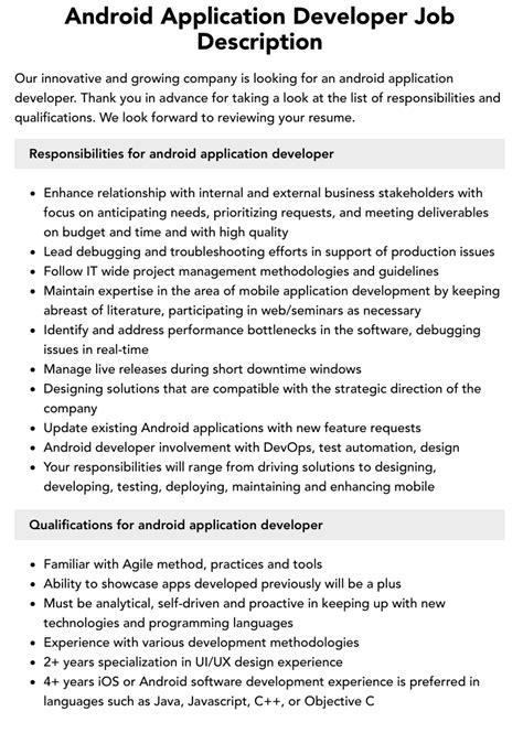 Android Application Developer Job Description Velvet Jobs