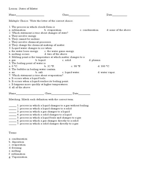 States of Matter Worksheet | PDF