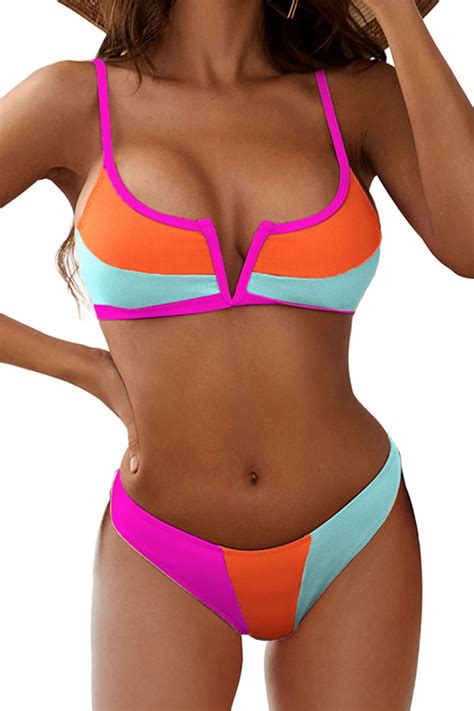 Zaful Women S Bikini Set V Wired Ruffle Ribbed High Cut V Notch Swimwear Light Blue M For