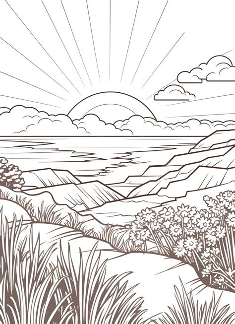 Premium Ai Image A Drawing Of A Landscape With A Mountain And A Lake