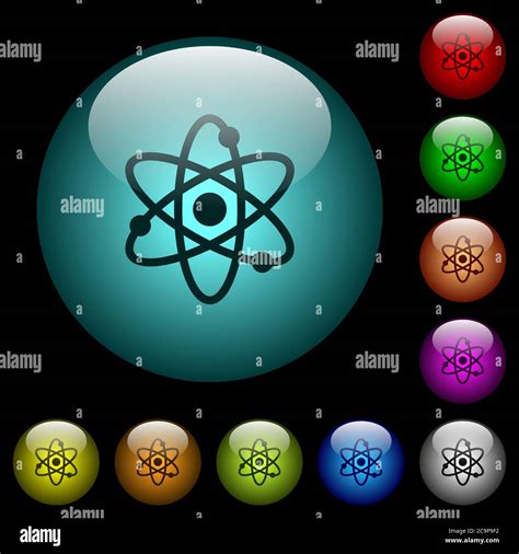 Atom Symbol Icons In Color Illuminated Spherical Glass Buttons On Black