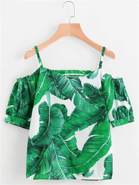 Palm Leaf Print Cold Shoulder Top Shein Sheinside