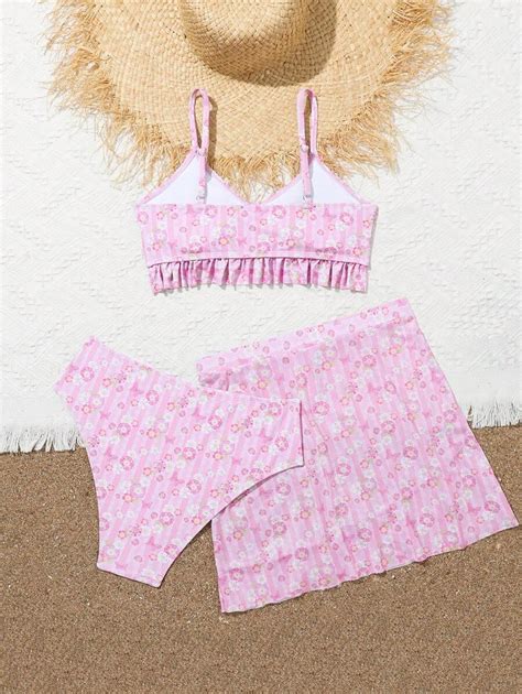 Teen Girl Floral Print Ruffle Trimmed Bikini Set With Accent Band SHEIN EUR