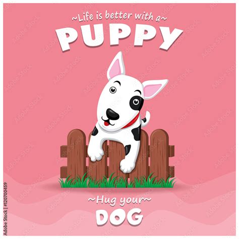 Vintage Puppy Poster Design With Vector Puppy Character Stock Vector