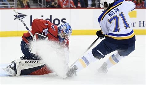 Washington Capitals goaltender Pheonix Copley (1) gets sprayed by St ...