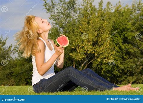Blonde Eats Watermelon In The Park Stock Image Image Of Blond Human
