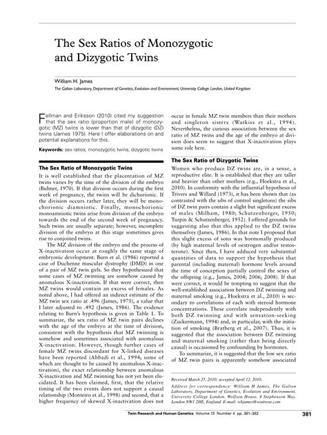 Pdf The Sex Ratios Of Monozygotic And Dizygotic Twins