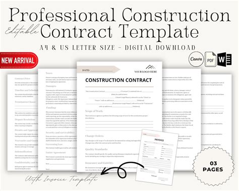 Editable Construction Contract Template, Contractor Contract Agreement ...