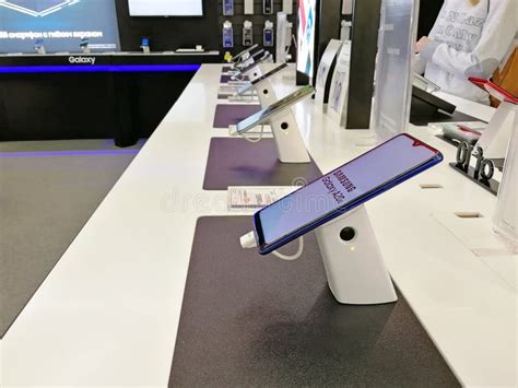 Moscow, Russia, February 9 2020. Showcase with Samsung Smartphones in a ...