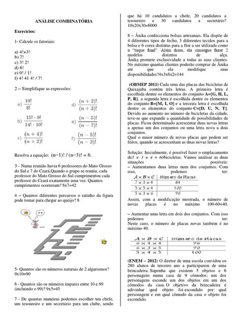 Exercicio Analise Combinatoria - Análise Combinatória - Exercícios Texto | PDF | Combinatória | Ensino ...