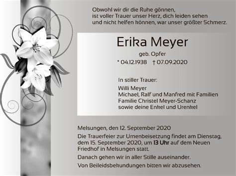 Traueranzeigen Von Erika Meyer Trauer HNA De