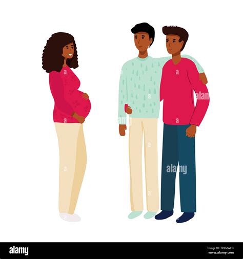 Gay Couple With Surrogate Pregnant Woman Two Dads Vector Illustration Flat Cartoon Style With