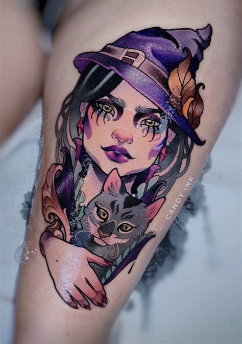 New School Tattoo Witch In Witch Tattoo Tattoos Cat Tattoo