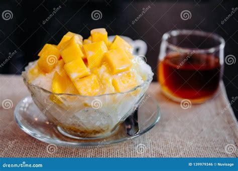 Korean Shaved Ice Cream Dessert With Sweet Toppings Mango Bingsu Or