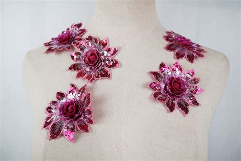 Hot Pink D Embroidered Lace Flowers Applique Sequins Rose Flower By Piece Fushcia Flower