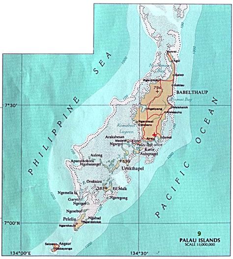 detailed topographical map  palau   roads cities  airports