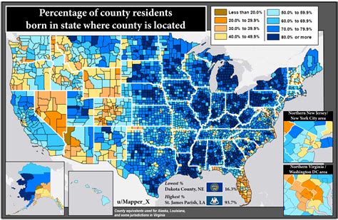 Percentage of a county's population born in the state where the county ...