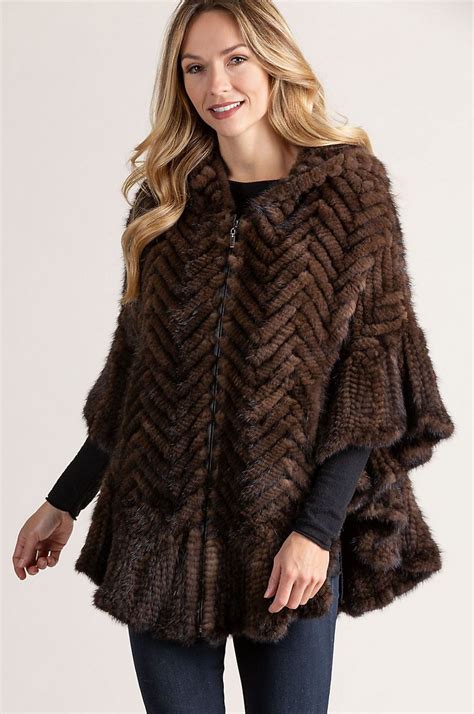 Bettina Zip Front Herringbone Knitted Mink Fur Poncho Overland Winter