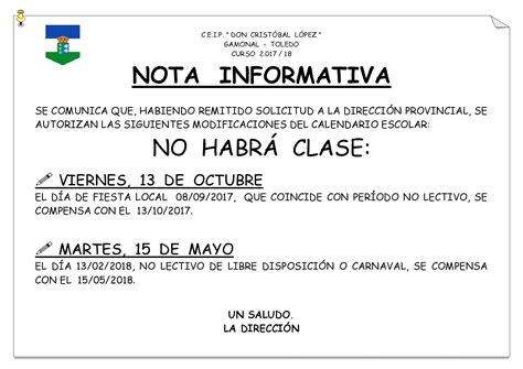 MODIFICACIÓN CALENDARIO ESCOLAR CEIP Don Cristóbal López Gamonal