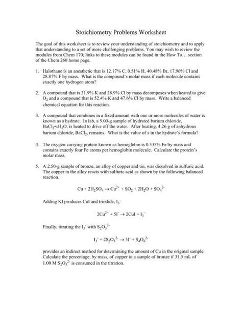 Stoichiometry Problems Worksheet Worksheets Library