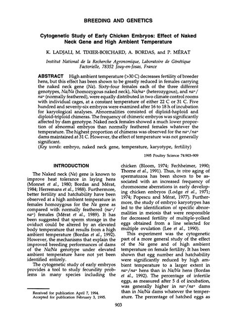 PDF Cytogenetic Study Of Early Chicken Embryos Effect Of Naked Neck Gene And High Ambient