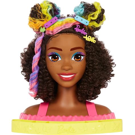 Barbie Totally Hair Neon Rainbow Deluxe Styling Head With Curly Brunette Hair