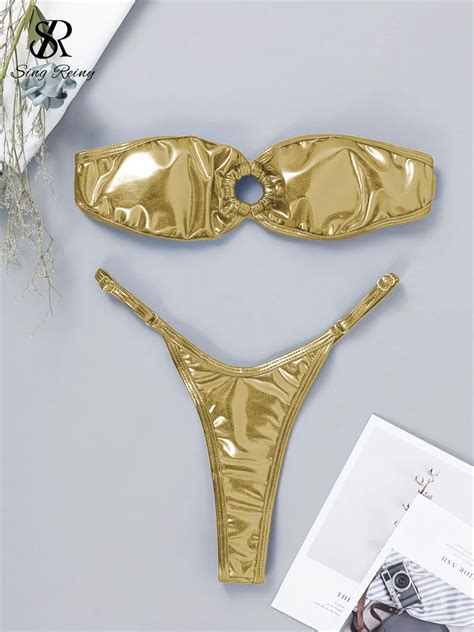 Singreiny Conjunto De Bikini Liso Y Brillante Para Mujer Traje De Ba O Sin Tirantes Con