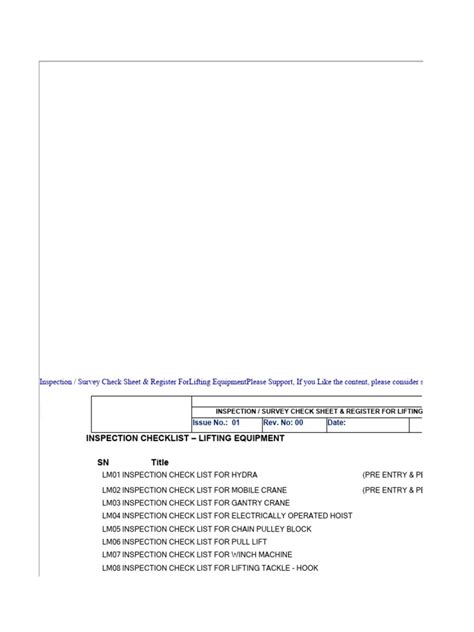 Lifting Equipements Checklist | PDF | Rope | Crane (Machine)