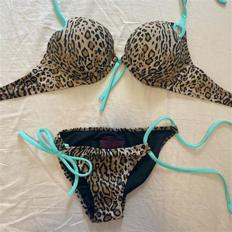Victorias Secret Teal Cheetah Print Push Bikini Depop