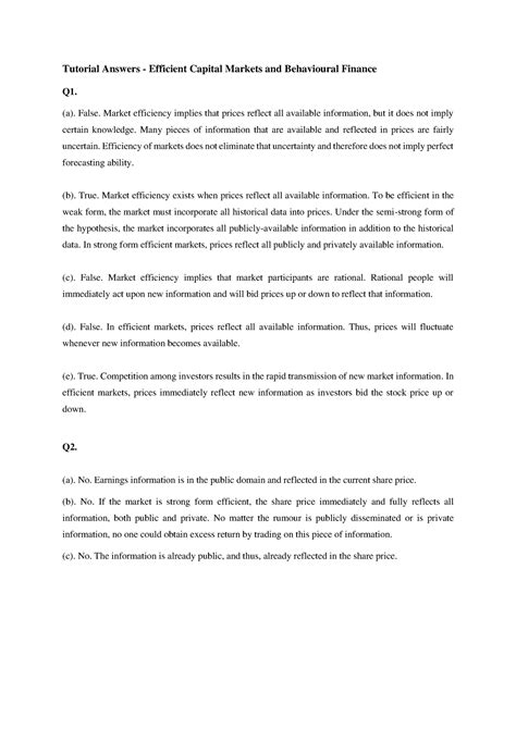Seminar 6 answers - Tutorial Answers - Efficient Capital Markets and