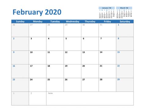 Blank february 2020 calendar printable template