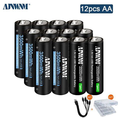 Перезаряжаемые аккумуляторы 12шт. АА Литий-ионные, емкость 3500 mWh ...