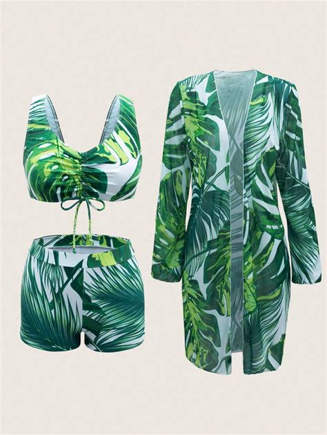 Shein Swim Vcay Conjunto De Mai Bikini Feminino Estampa Tropical De Planta Shorts