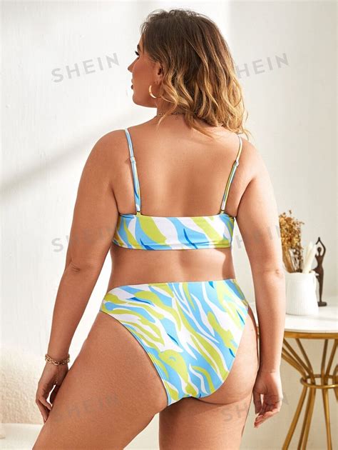 SHEIN Swim Curve Conjunto de bikini con patrón fluido y dobladillo de