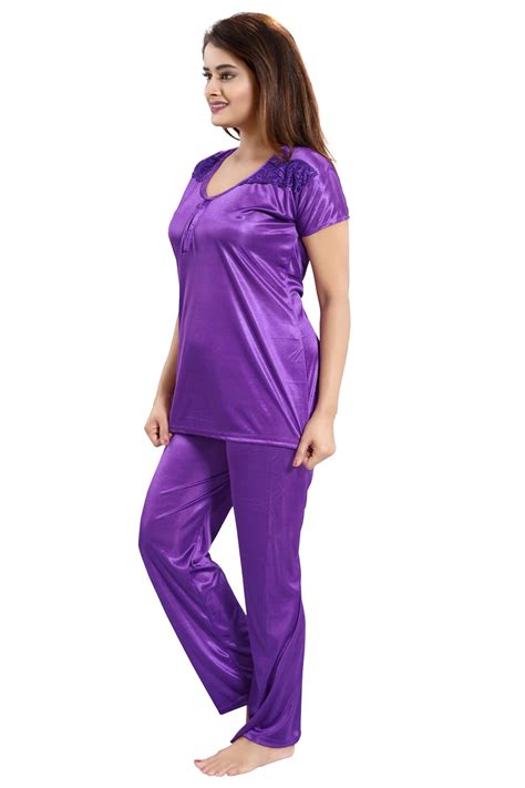 Buy Be You Purple Solid Lace Satin Women Nightwear Set Robe Nighty Lingerie Set