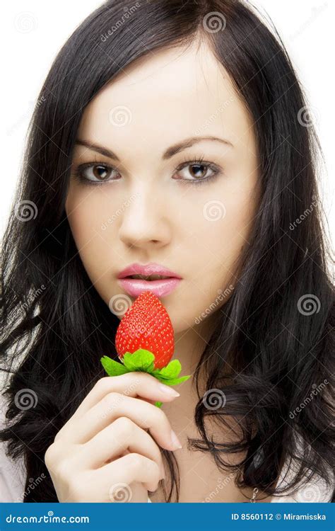 Brunette Who Eats Strawberries Stock Photo Image Of Beautiful Female