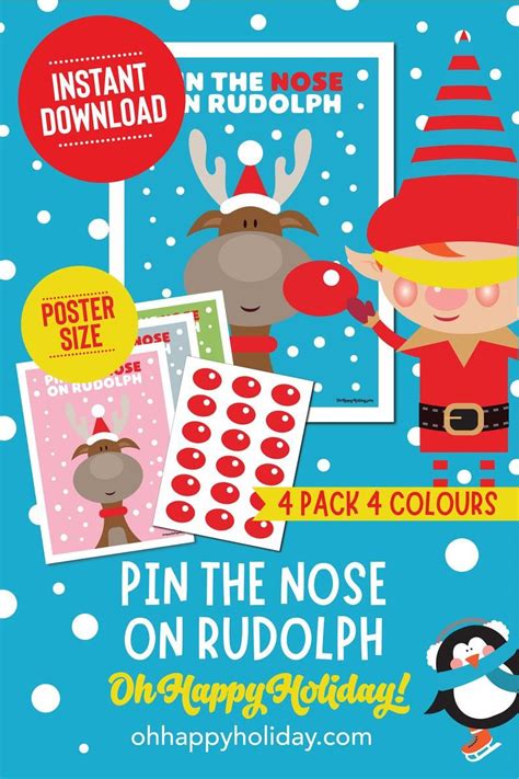 Printable Pin The Nose On Rudolph 4 Pack Instant Download Pin Nose Game