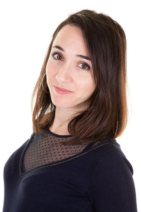 Mooie Jonge Zakenvrouw Portret Brunette Glimlachend Schattig Meisje Met Lange Haarstudio