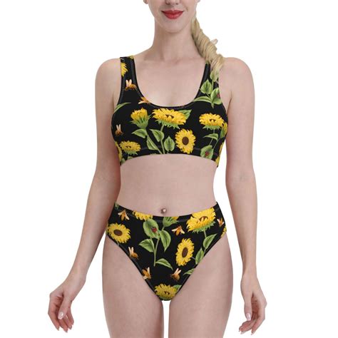 Adobk Bees And Sunflowers Print Women High Waisted Bikini Set Sports Swimsuit Bathing Suit Small