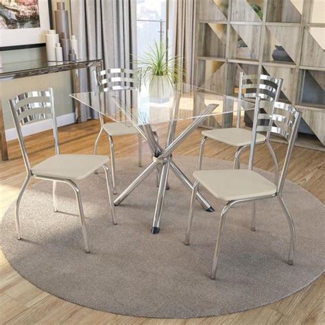 Kit Conjunto Mesa Quadrada Cadeiras X Cm Sala De Jantar Cozinha Vidro Metal Cromado Nude