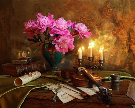 Still Life With Violin Candle And Flowers By Andrey Morozov On