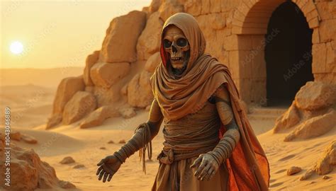 Mummy Wrapped In Ancient Cloth Emerging From An Eerie Desert Tomb Under The Scorching Hot Sun