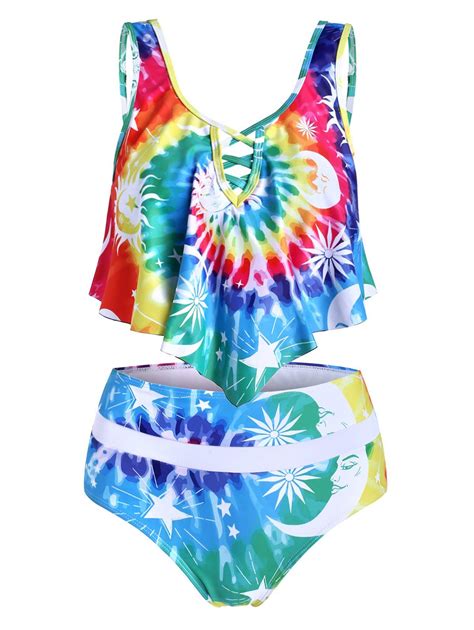 [51 Off] 2021 Crisscross Tie Dye Printed High Waisted Tankini Swimwear