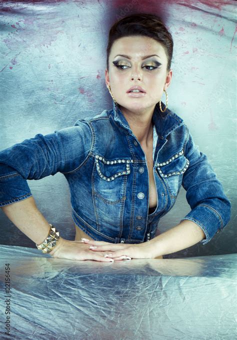 Sexy Brunette Woman In Denim Jacket Stock Photo Adobe Stock