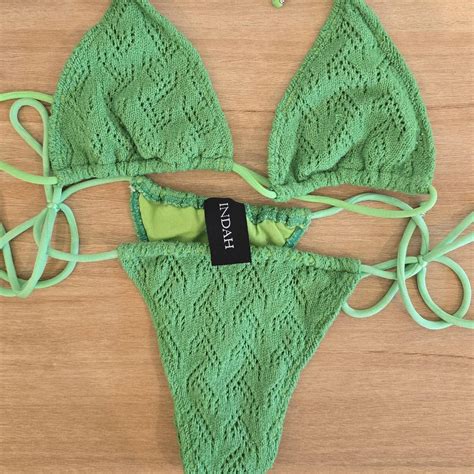 INDAH Green Knit Detail Bikini Set Small Top With Depop